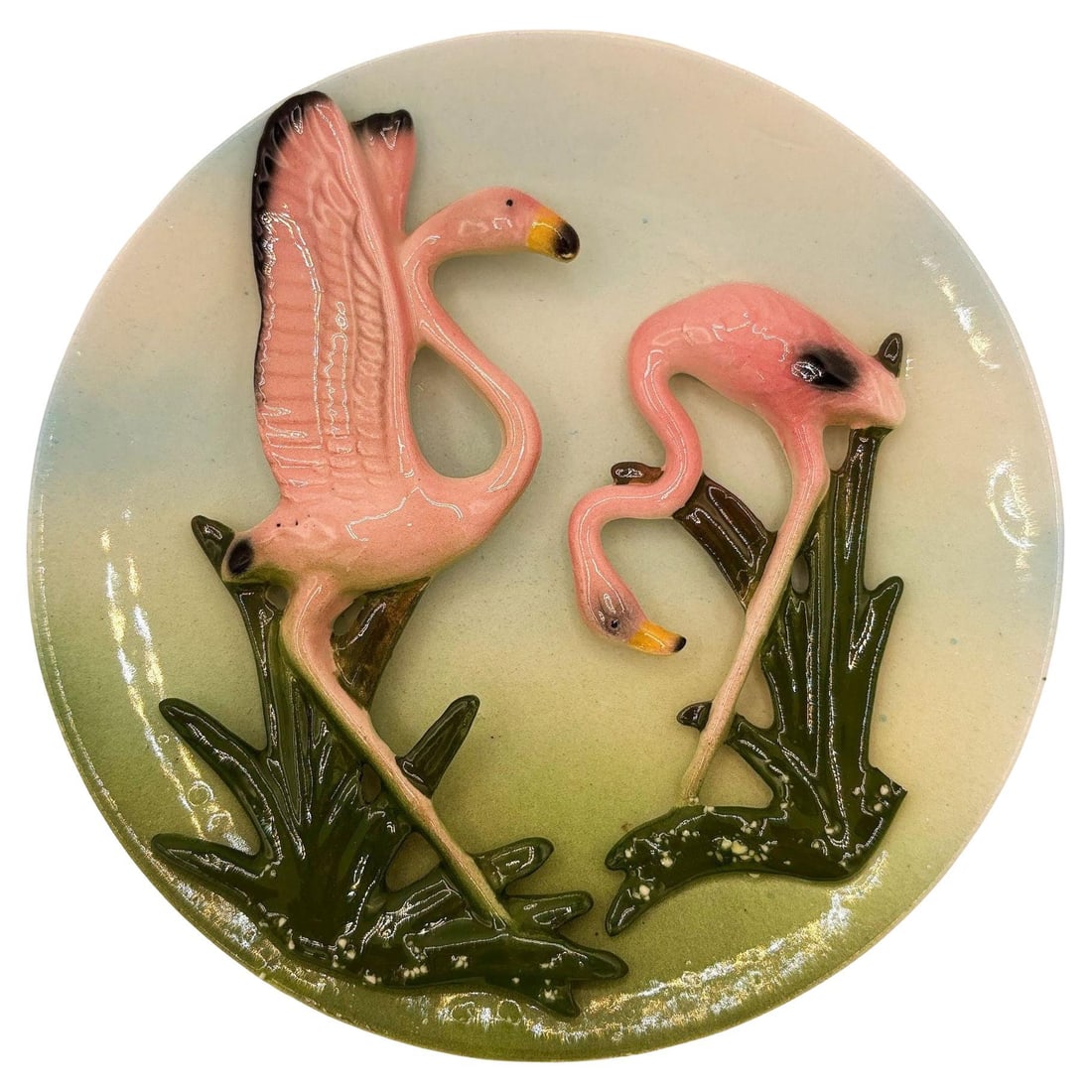 Rare Mid-century California Pottery Flamingo 3d Sculptural Round Wall Plate - 2
