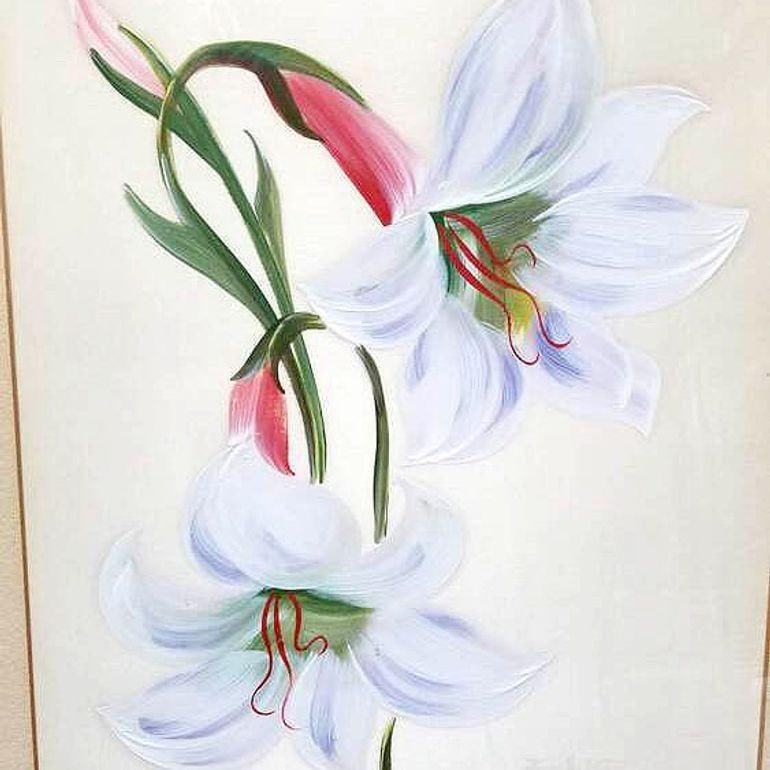 Mid-century Hawaiian Two Lilies Oil Painting on Paper signed E. Wolf, Framed - 3