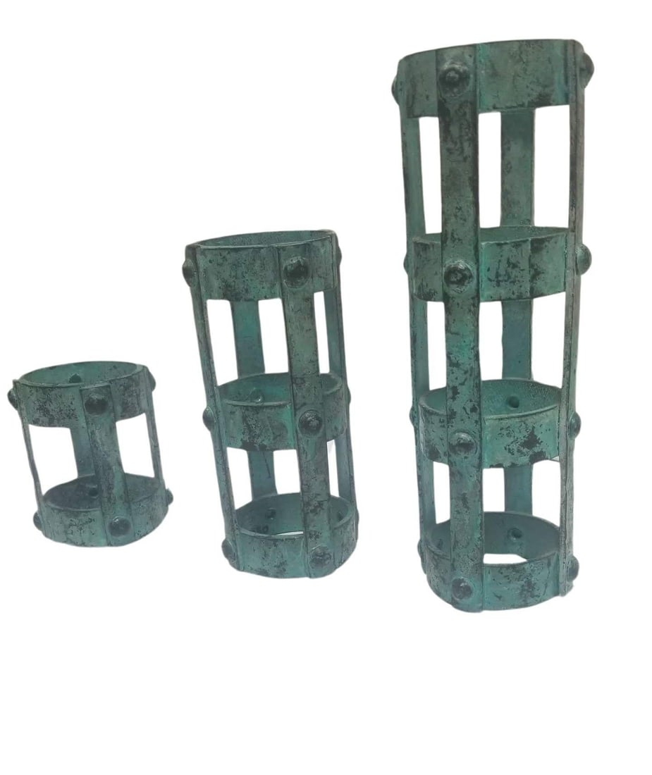 Set of 3 Brutalist style Candlestick Holders Cage Design - 6