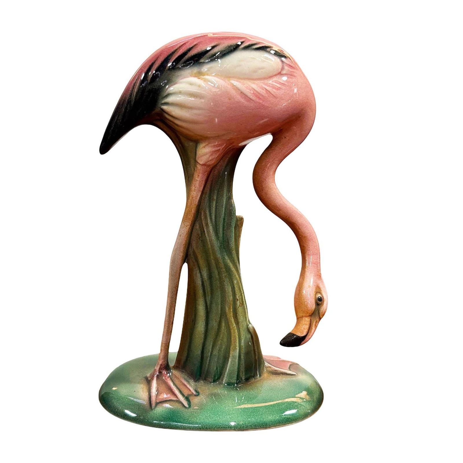 Mid-century "Drinker" Pink Flamingo Ceramic Tabletop Sculpture Will George: Title: Mid-century "Drinker" Pink Flamingo Ceramic Tabletop Sculpture Will George Description: Mid-century pink and green ceramic flamingo tabletop statue by Will George. It features a beautifully det