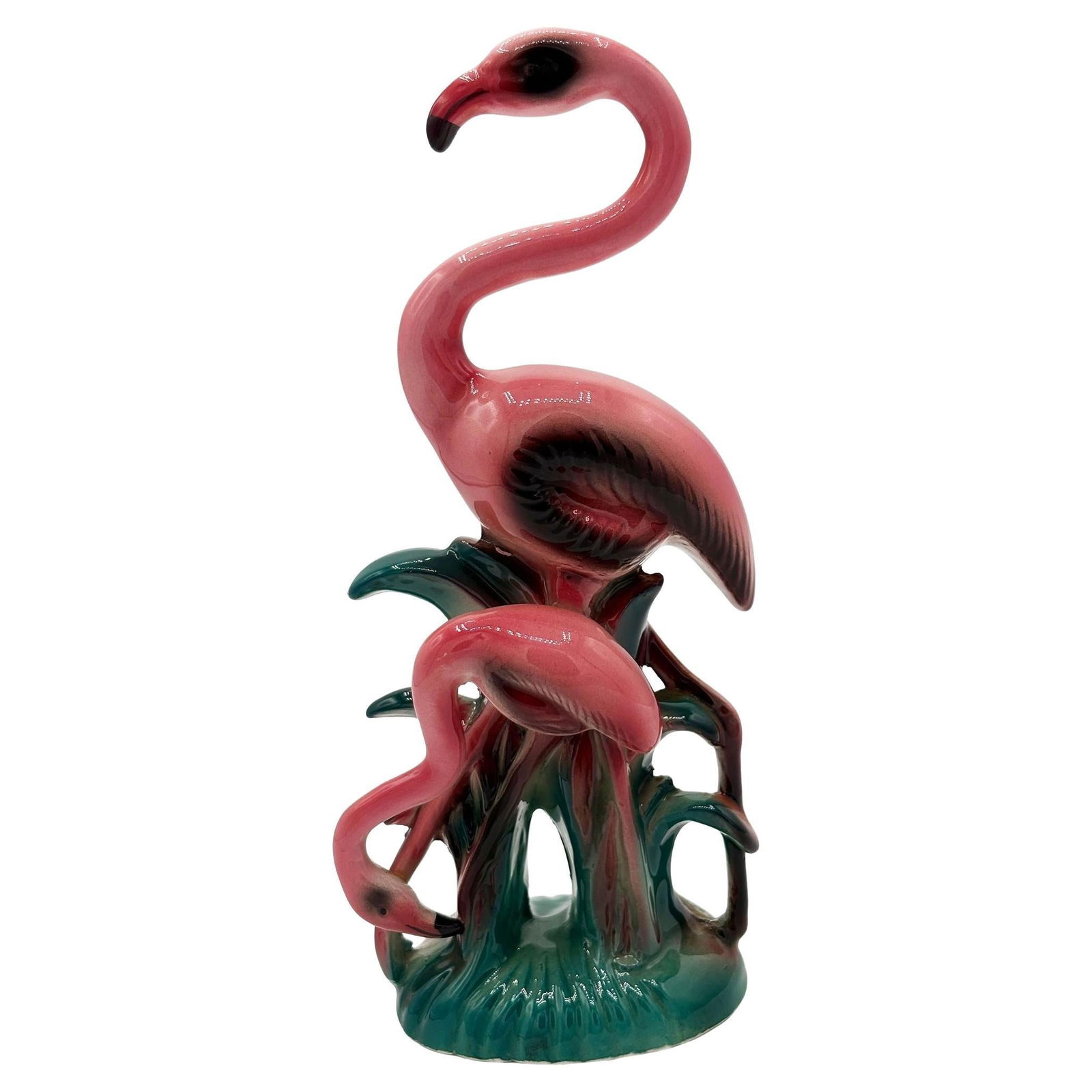 Mid-Century California Mother & Child Pink Flamingo Ceramic Tabletop Statue: Title: Mid-Century California Mother & Child Pink Flamingo Ceramic Tabletop Statue Description: Mid-century pink and green ceramic Mother and child tabletop pottery statue. The statue features a beaut