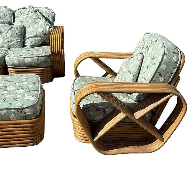 Rattan Mid-century Six-Strand Square Pretzel Sofa & Lounge Chair Livingroom Set - 10