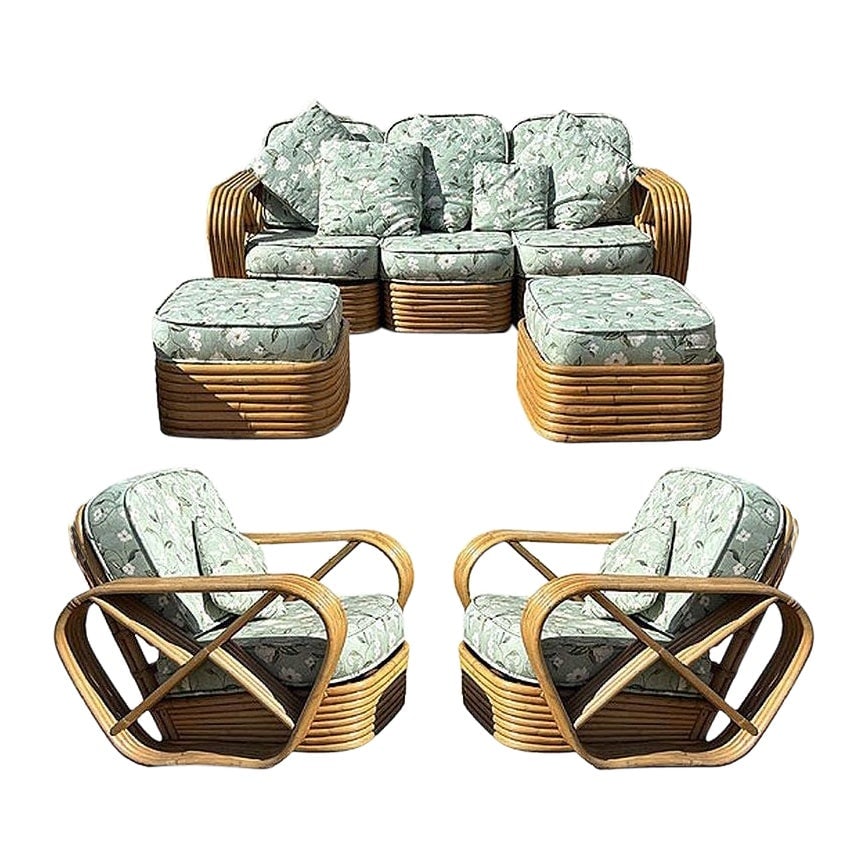 Rattan Mid-century Six-Strand Square Pretzel Sofa & Lounge Chair Livingroom Set: Title: Rattan Mid-century Six-Strand Square Pretzel Sofa & Lounge Chair Livingroom Set Description: This beautifully restored, stylish Paul Frankl-inspired six-strand Square Pretzel rattan living room