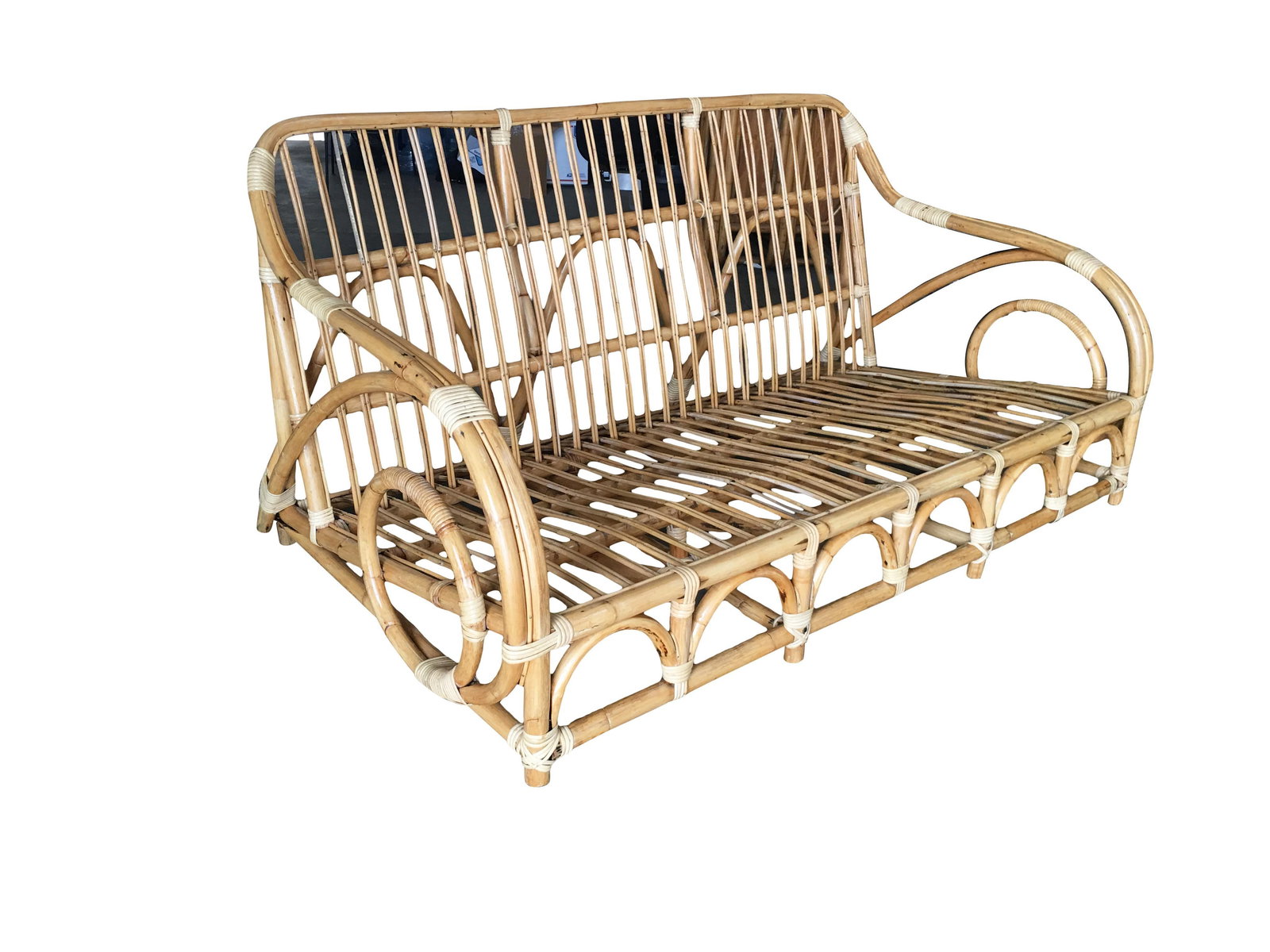 Restored Two-Strand "Circles and Speed" Three Seat Rattan Sofa - 16