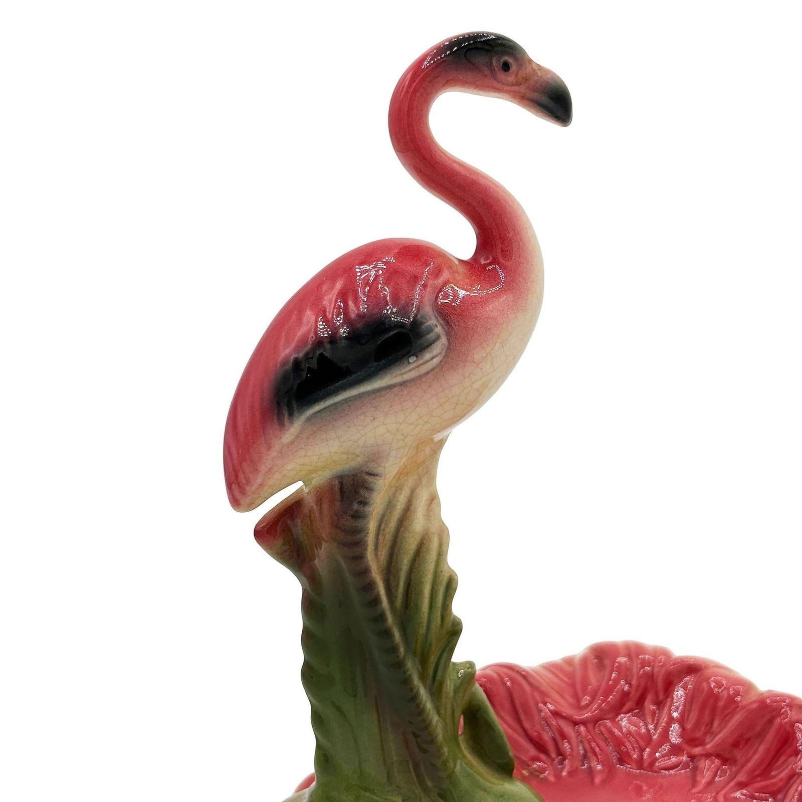 Mid Century Pink and Green Flamingo Ceramic Figurine in Flamingo Pool Ring Tray - 18