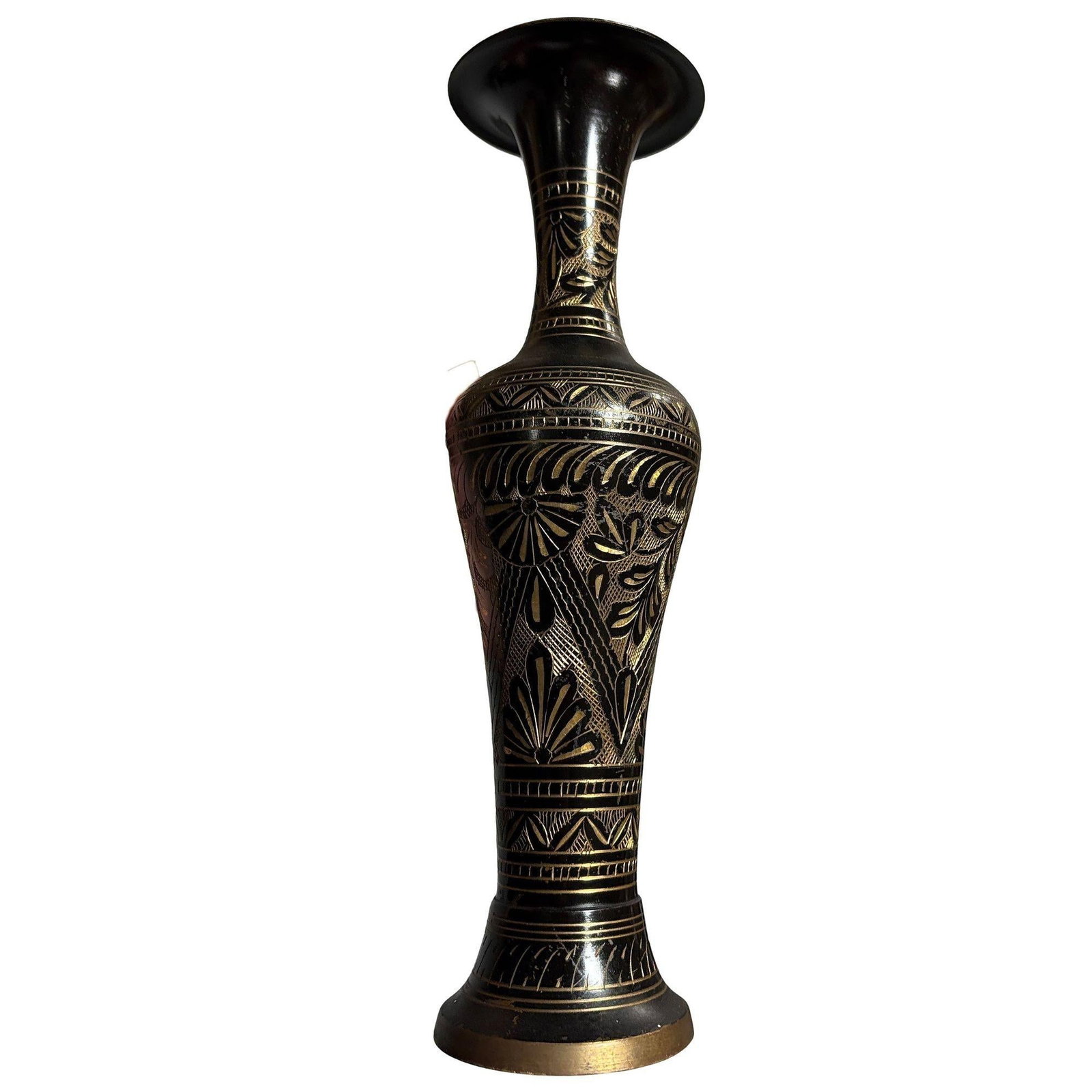 Indian Hand Etched Black Cloisonne Brass Floral Vase - 11
