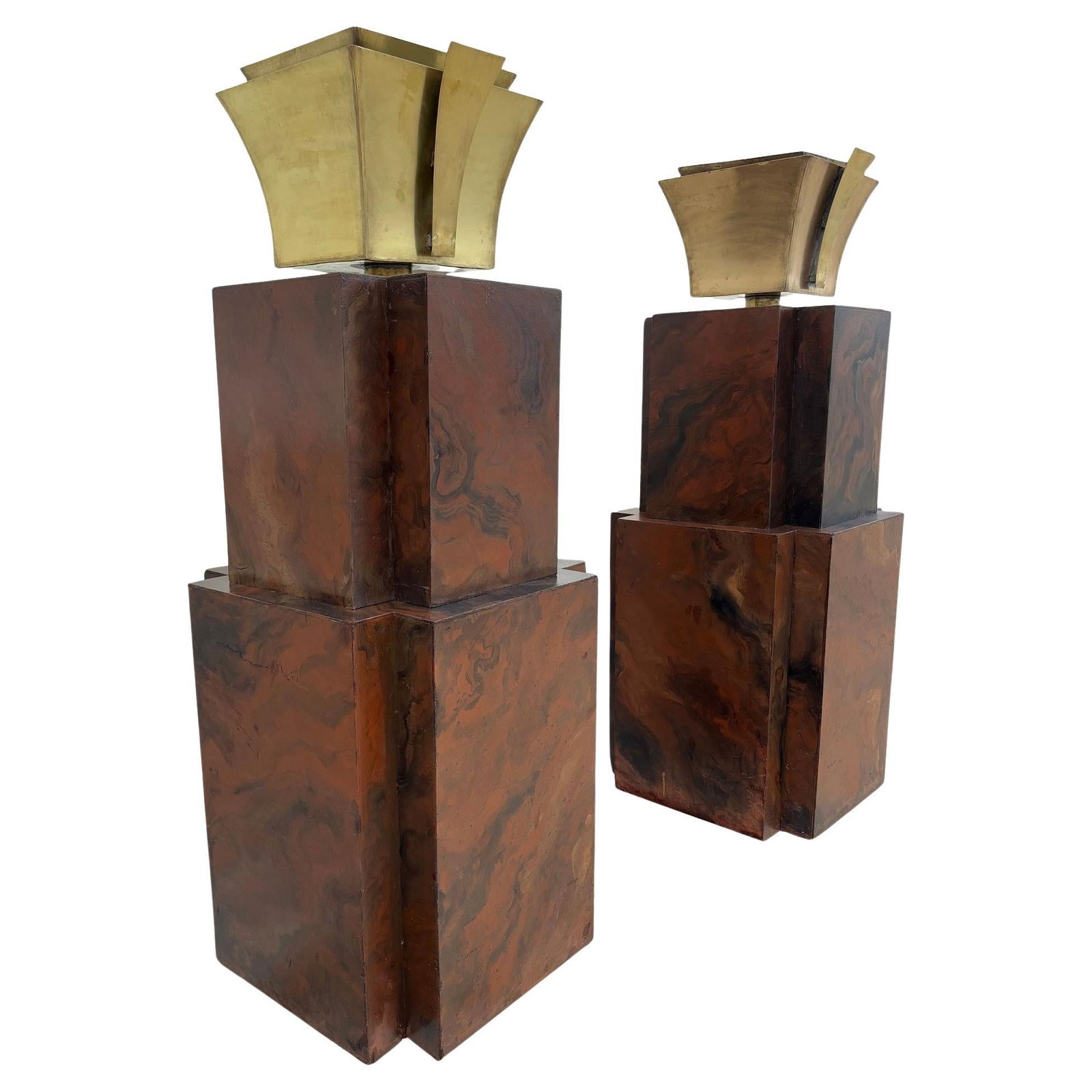 Grand Hollywood Art Deco Style Wood & Brass 9' Tall Torchiere Floor Lamp, Pair: Title: Grand Hollywood Art Deco Style Wood & Brass 9' Tall Torchiere Floor Lamp, Pair Description: Custom-made pair of Grand Hollywood 9-foot tall torchiere floor lamps, each featuring a large 60" art