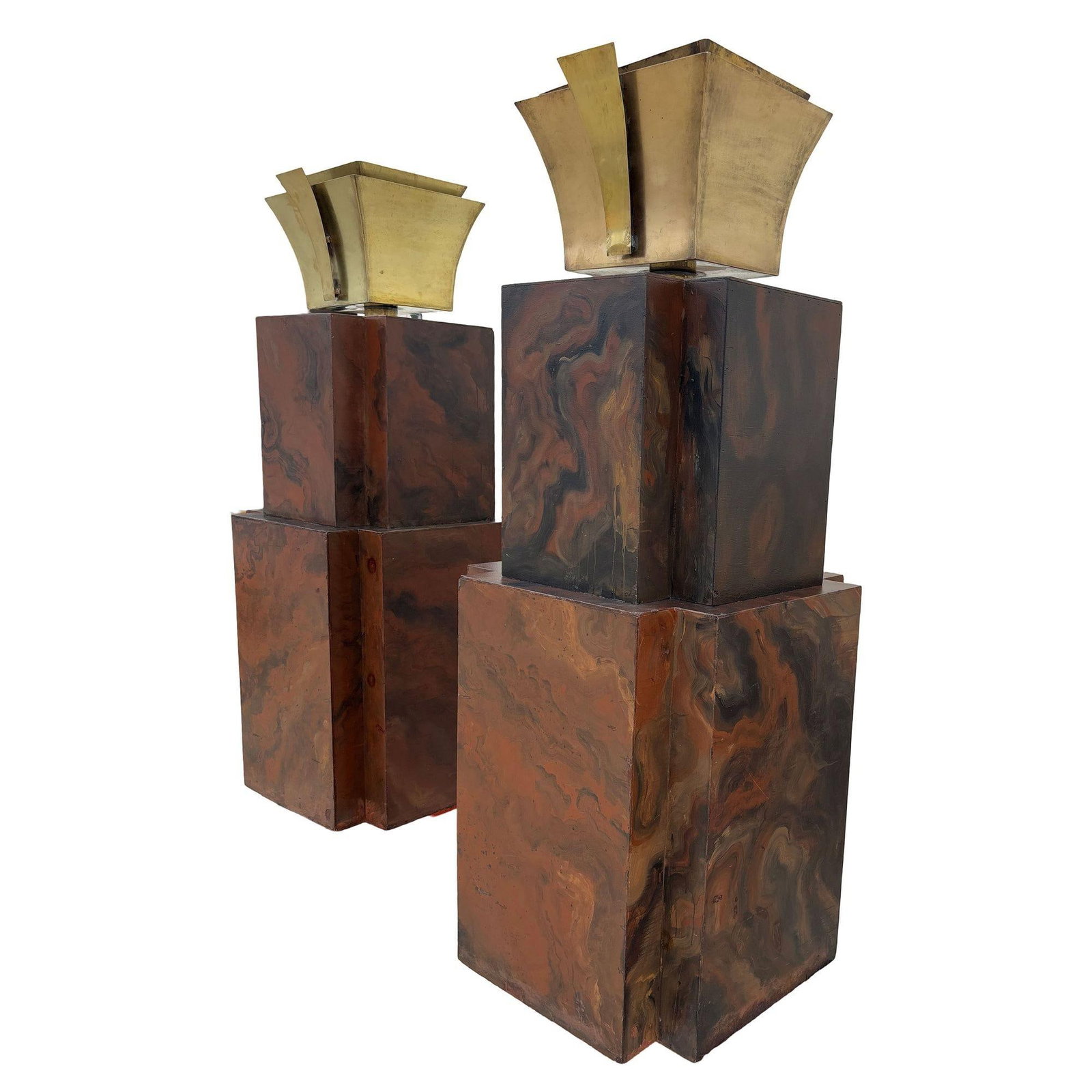 Grand Hollywood Art Deco Style Wood & Brass 9' Tall Torchiere Floor Lamp, Pair - 9