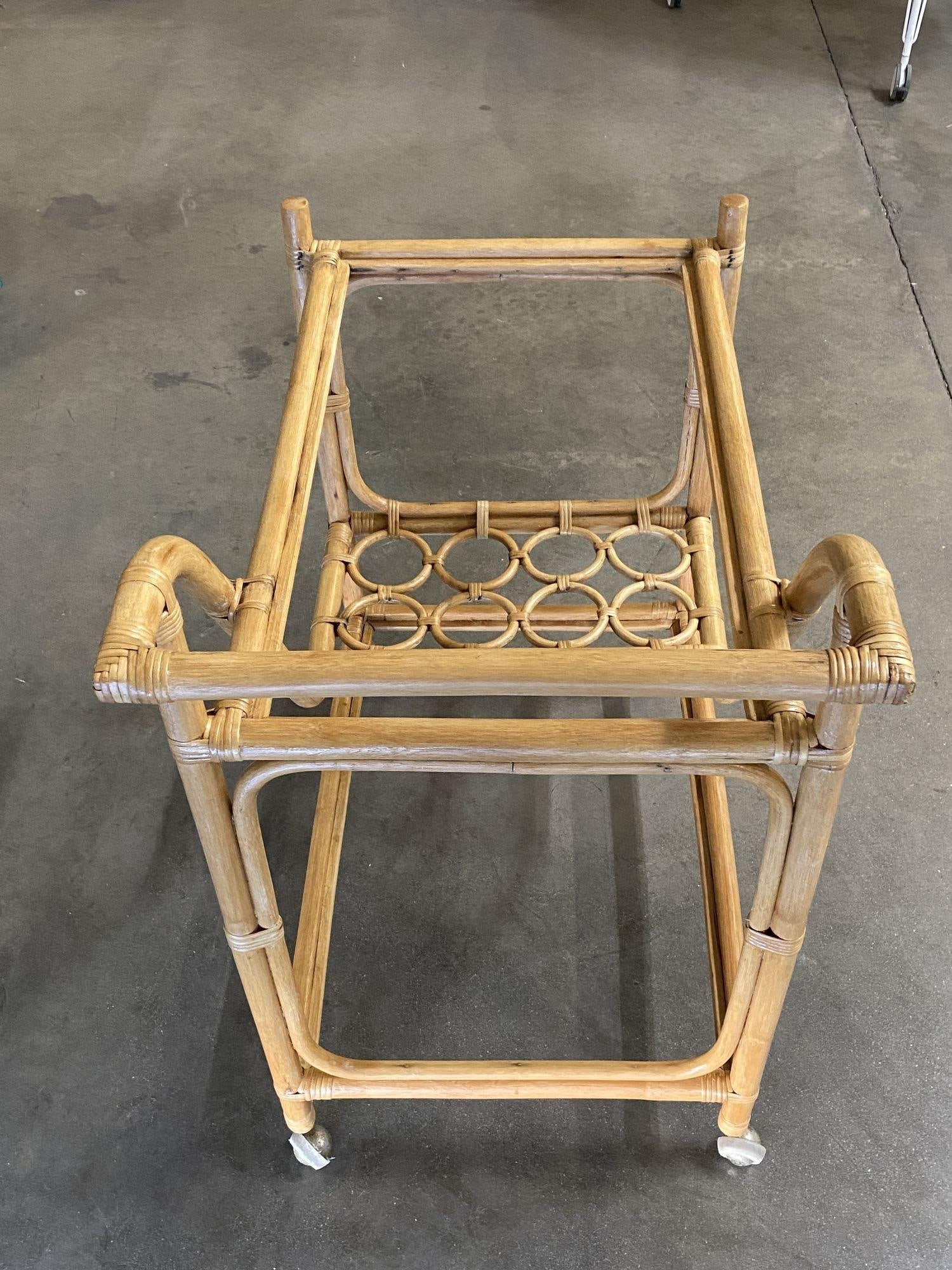 Restored Mid Century Rattan Bar Cart w/ Bottle Holder by Angraves, circa 1970 - 5