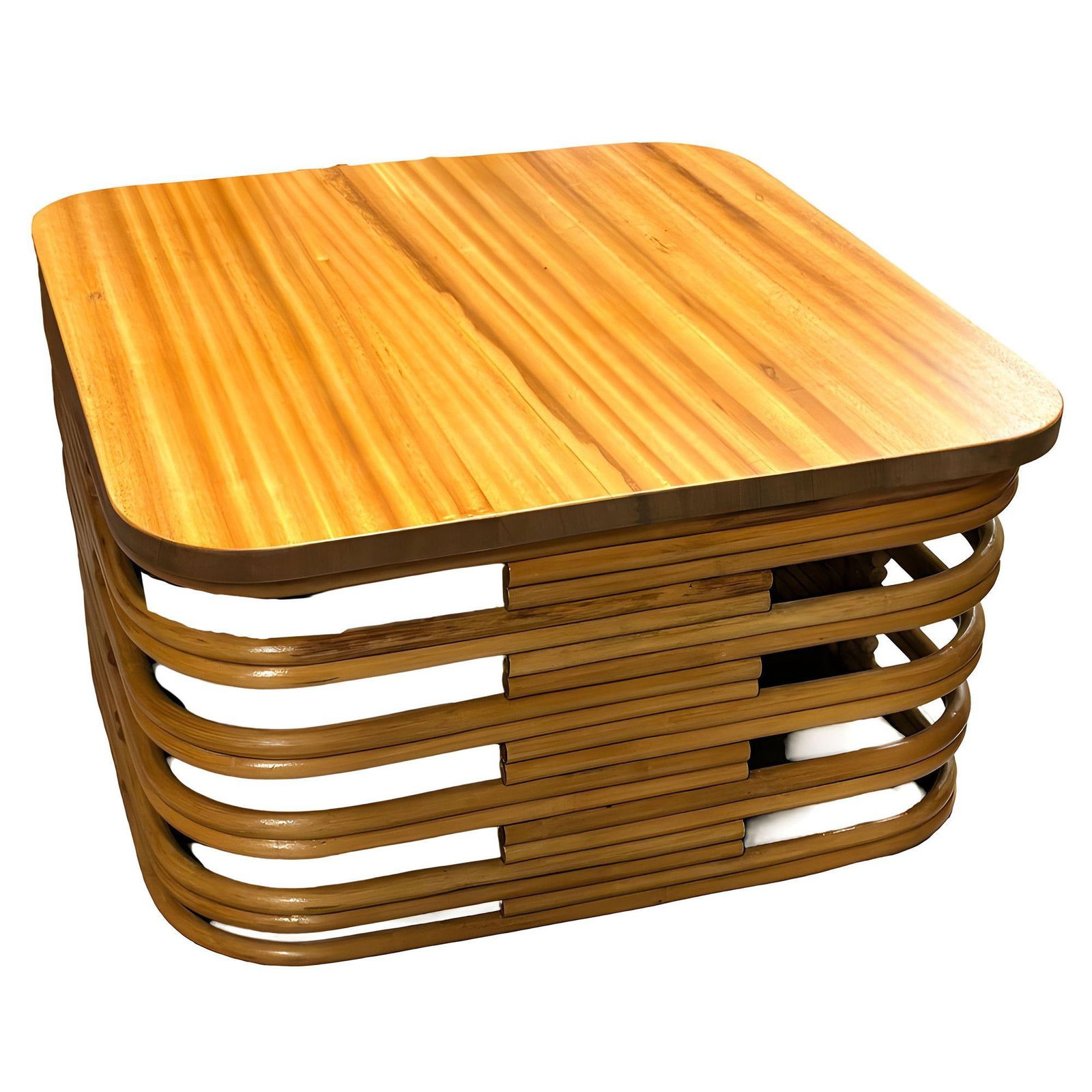 Restored Stacked Rattan Coffee Table w/ Mahogany Top - 2