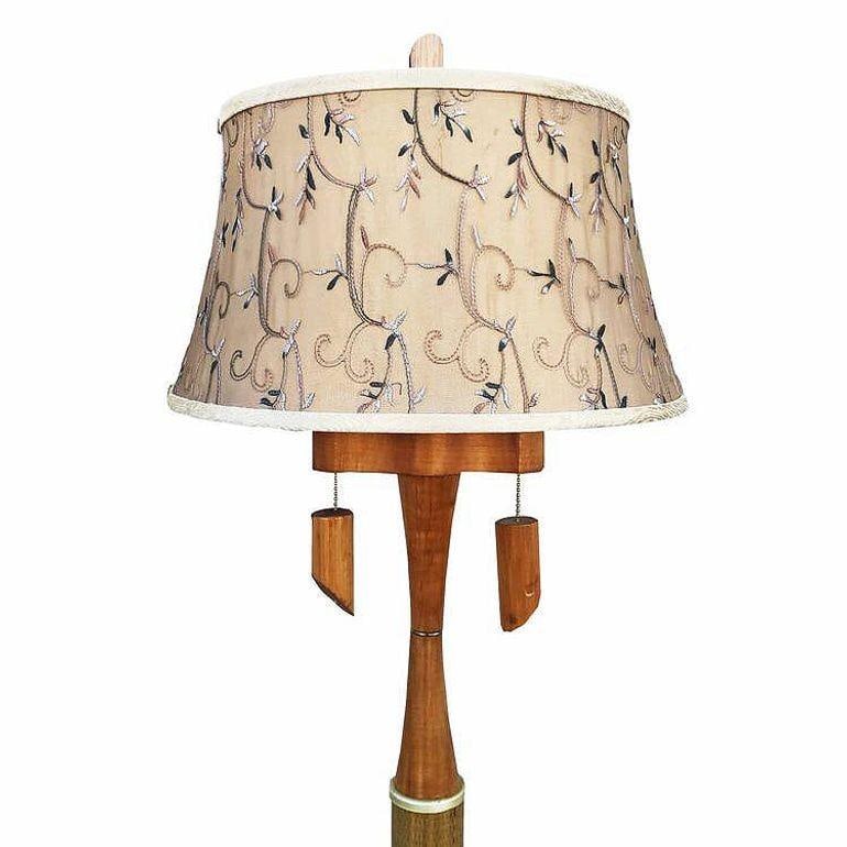 Restored High Style Koa Wood & Rattan Sculptural Floor Lamp w Ricemat Wrap, Pair - 18