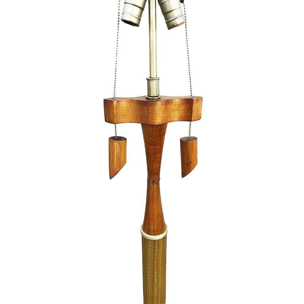 Restored High Style Koa Wood & Rattan Sculptural Floor Lamp w Ricemat Wrap, Pair - 4