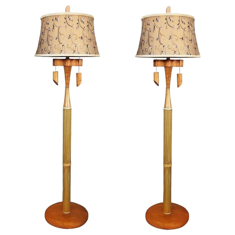 Restored High Style Koa Wood & Rattan Sculptural Floor Lamp w Ricemat Wrap, Pair - 7