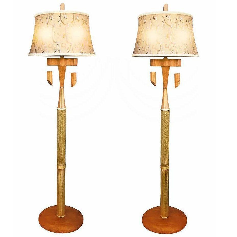 Restored High Style Koa Wood & Rattan Sculptural Floor Lamp w Ricemat Wrap, Pair - 8