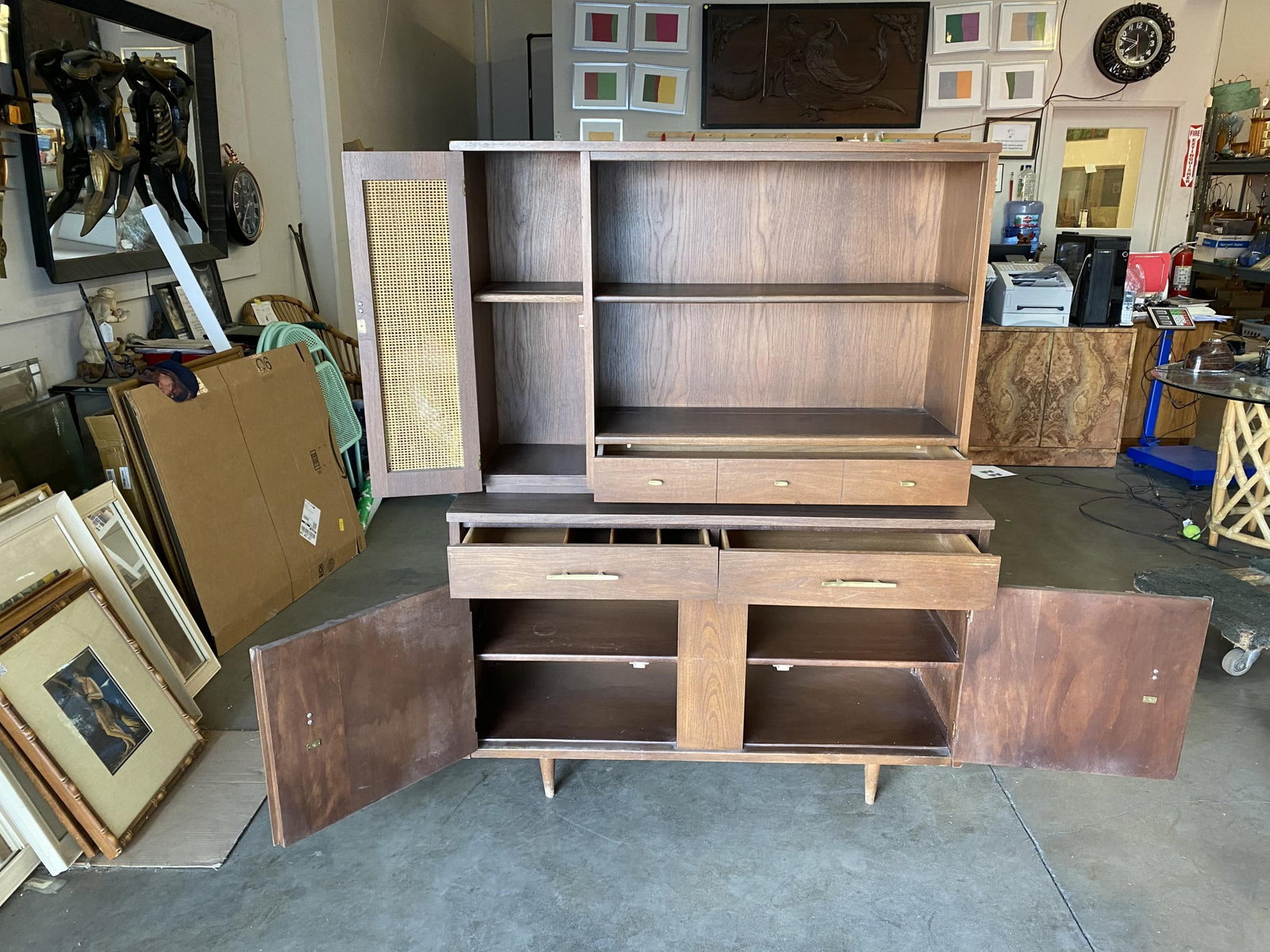 Midcentury Cupboard China Cabinet Shelf with Wicker Accents by Holman - 2