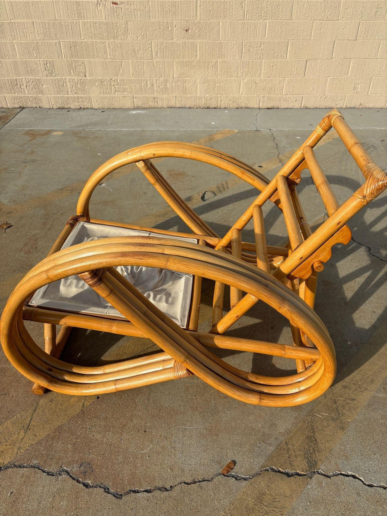 Restored 3-Strand 3/4 Pretzel Rattan Adjustable Reclining Lounge Chair w Ottoman - 6