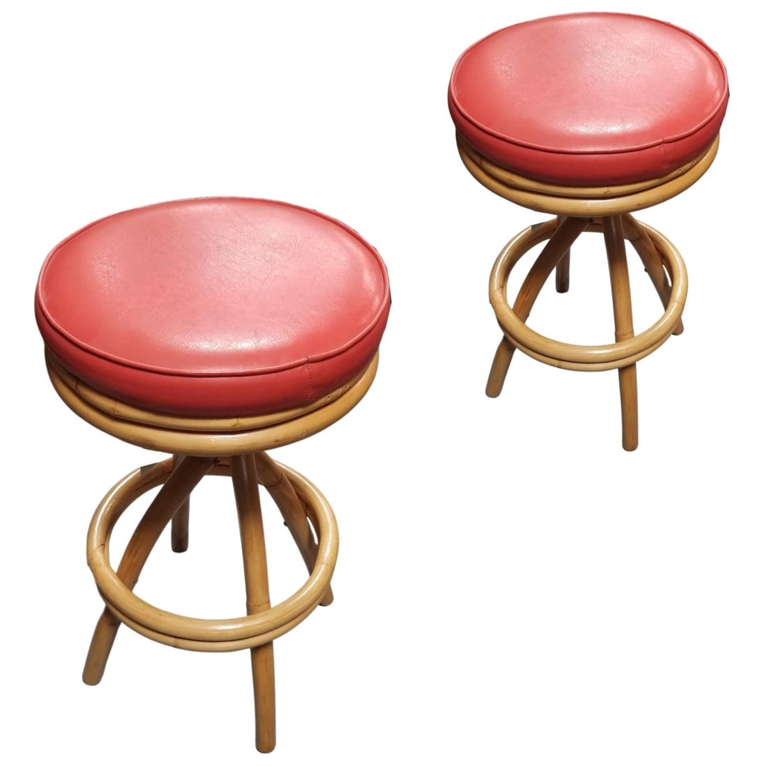 Restored Rattan Spiral Leg Strand Pair of Two Single Stand Red Bar Stools - 2