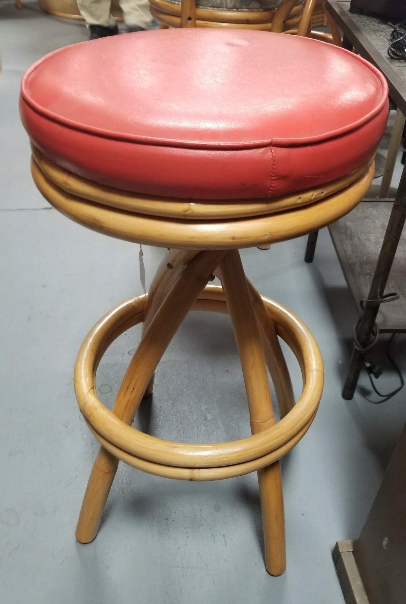 Restored Rattan Spiral Leg Strand Pair of Two Single Stand Red Bar Stools - 3