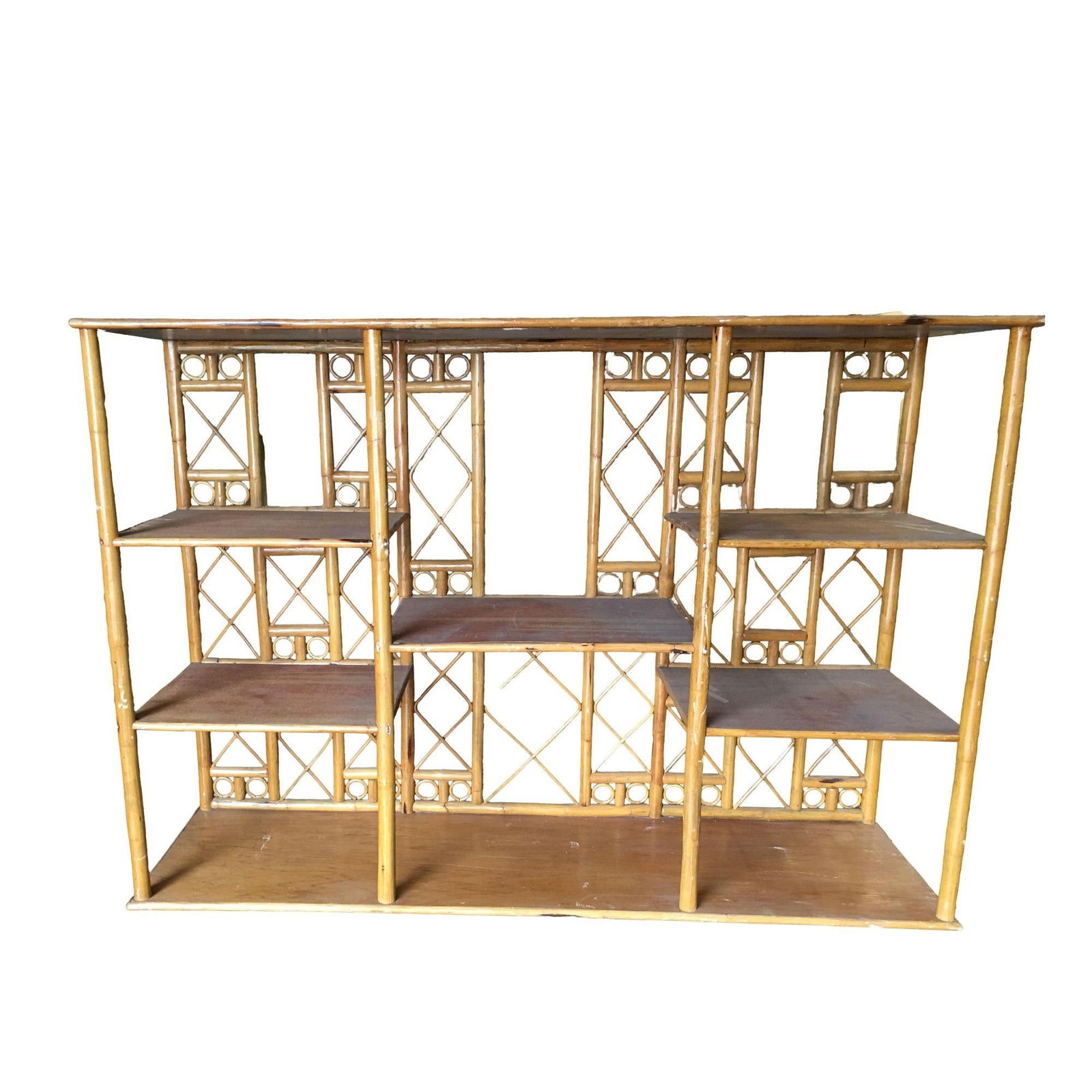 Restored Rattan Seven-Tier Tic-Tac-Toe Display Shelf Wall Etagere Unit - 2