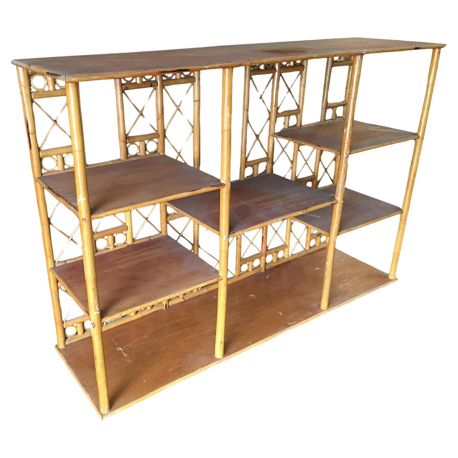Restored Rattan Seven-Tier Tic-Tac-Toe Display Shelf Wall Etagere Unit - 7