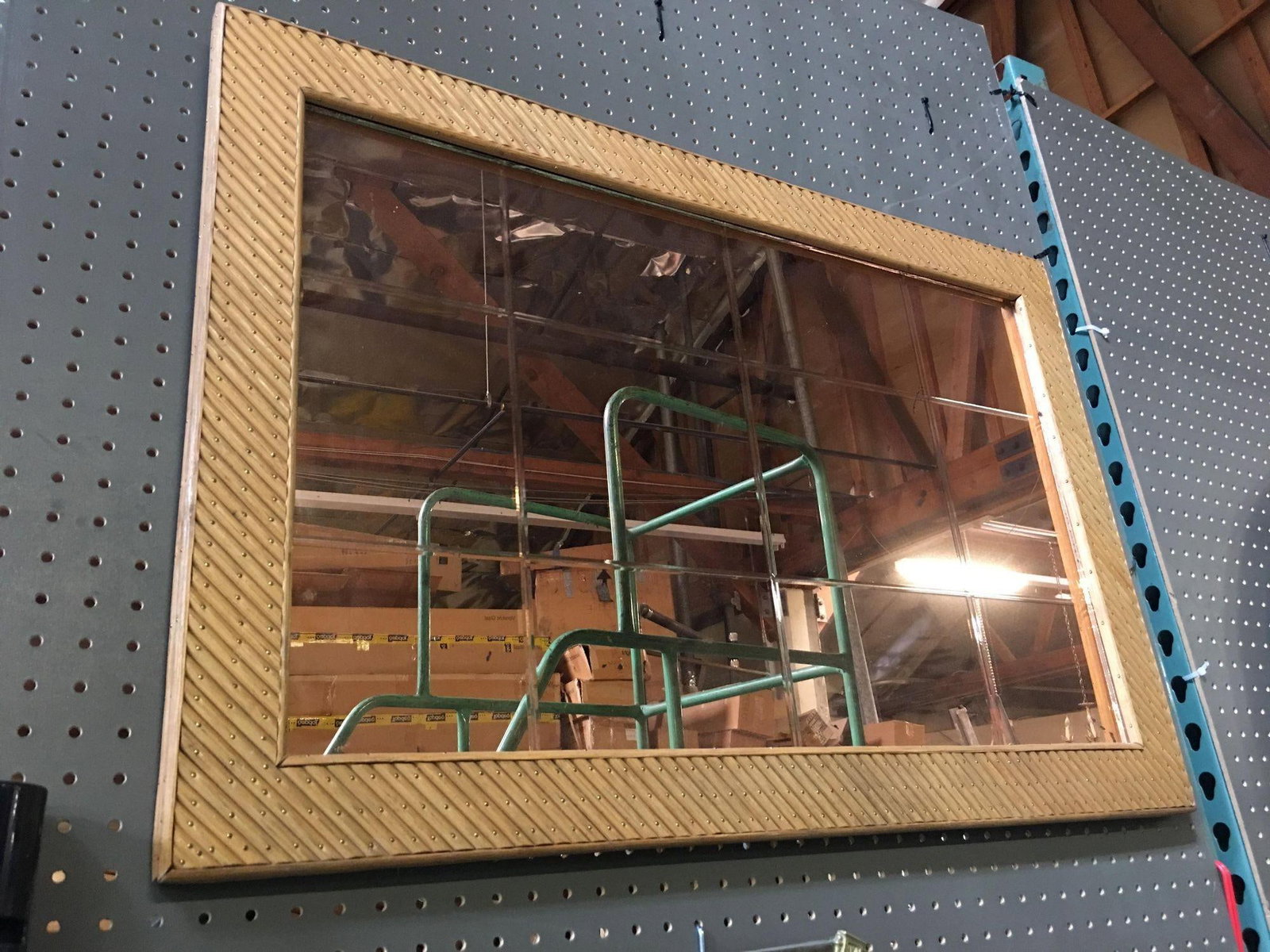 Restored Stick Rattan Rectangle Peach Glass Mirror with Nail Heads - 12