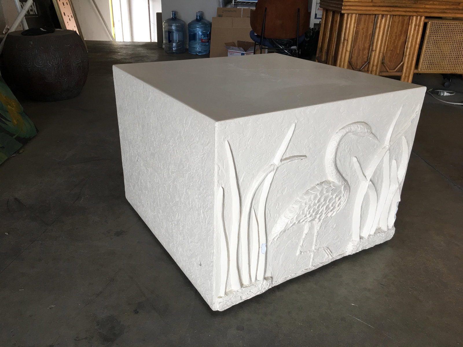 Large White Cube Pedestal Side Tables with Crane Relief, Pair of 1980s - 16