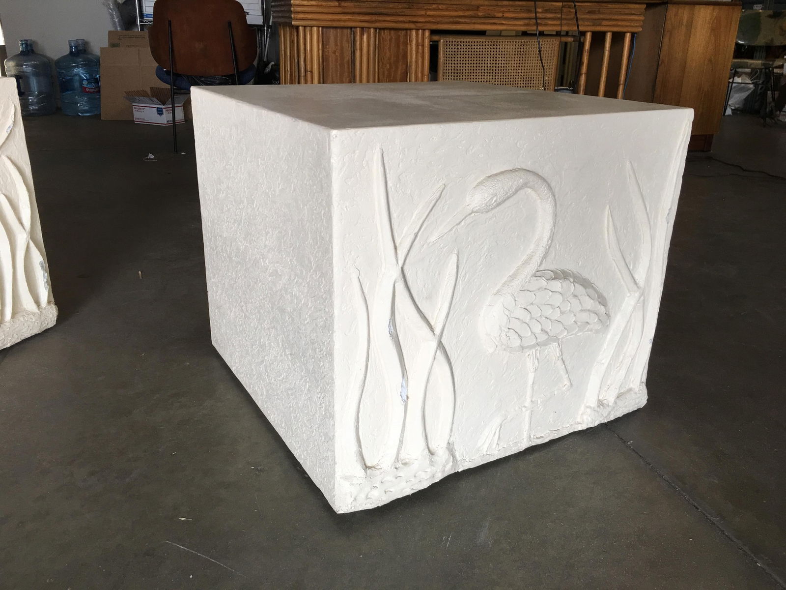 Large White Cube Pedestal Side Tables with Crane Relief, Pair of 1980s - 4