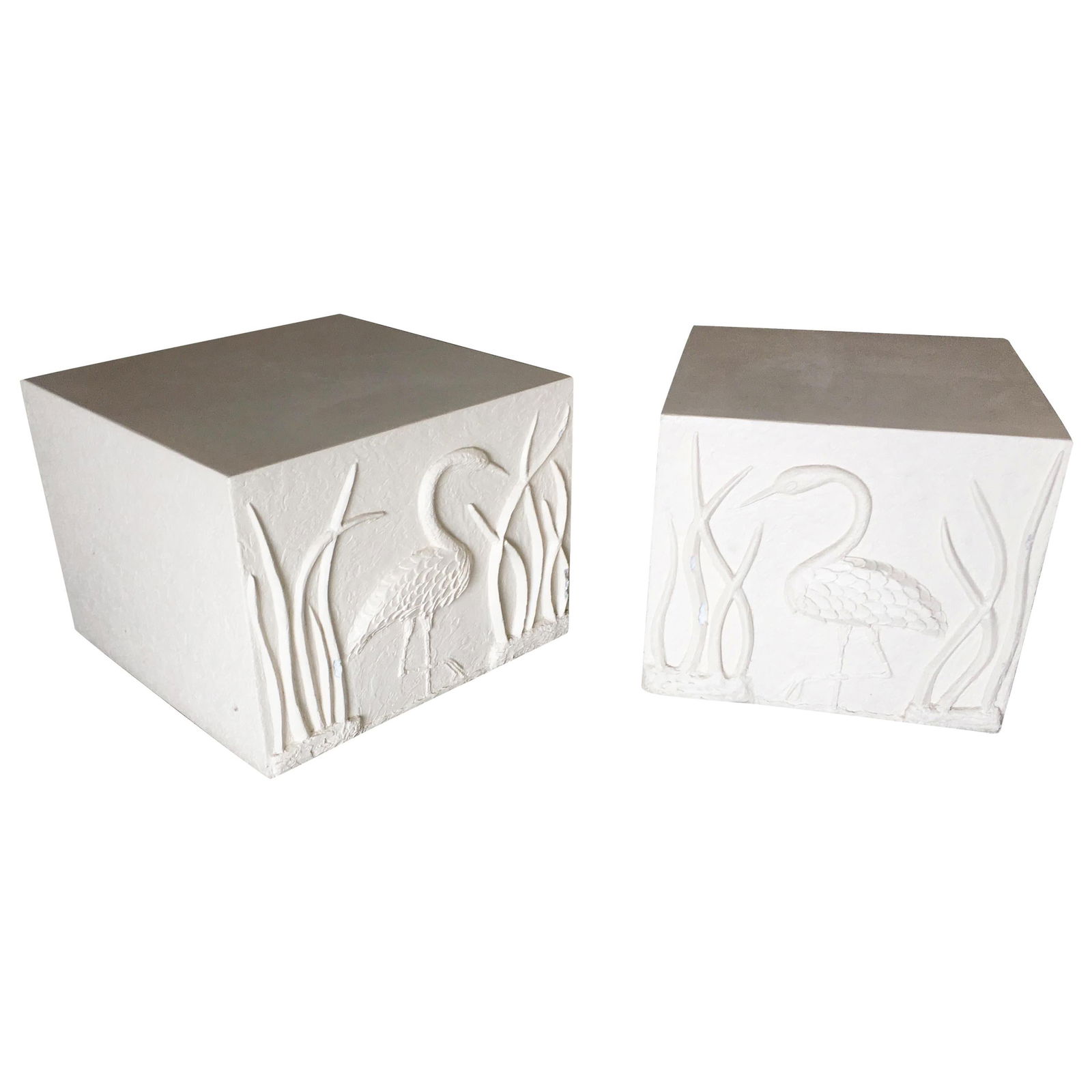 Large White Cube Pedestal Side Tables with Crane Relief, Pair of 1980s - 7