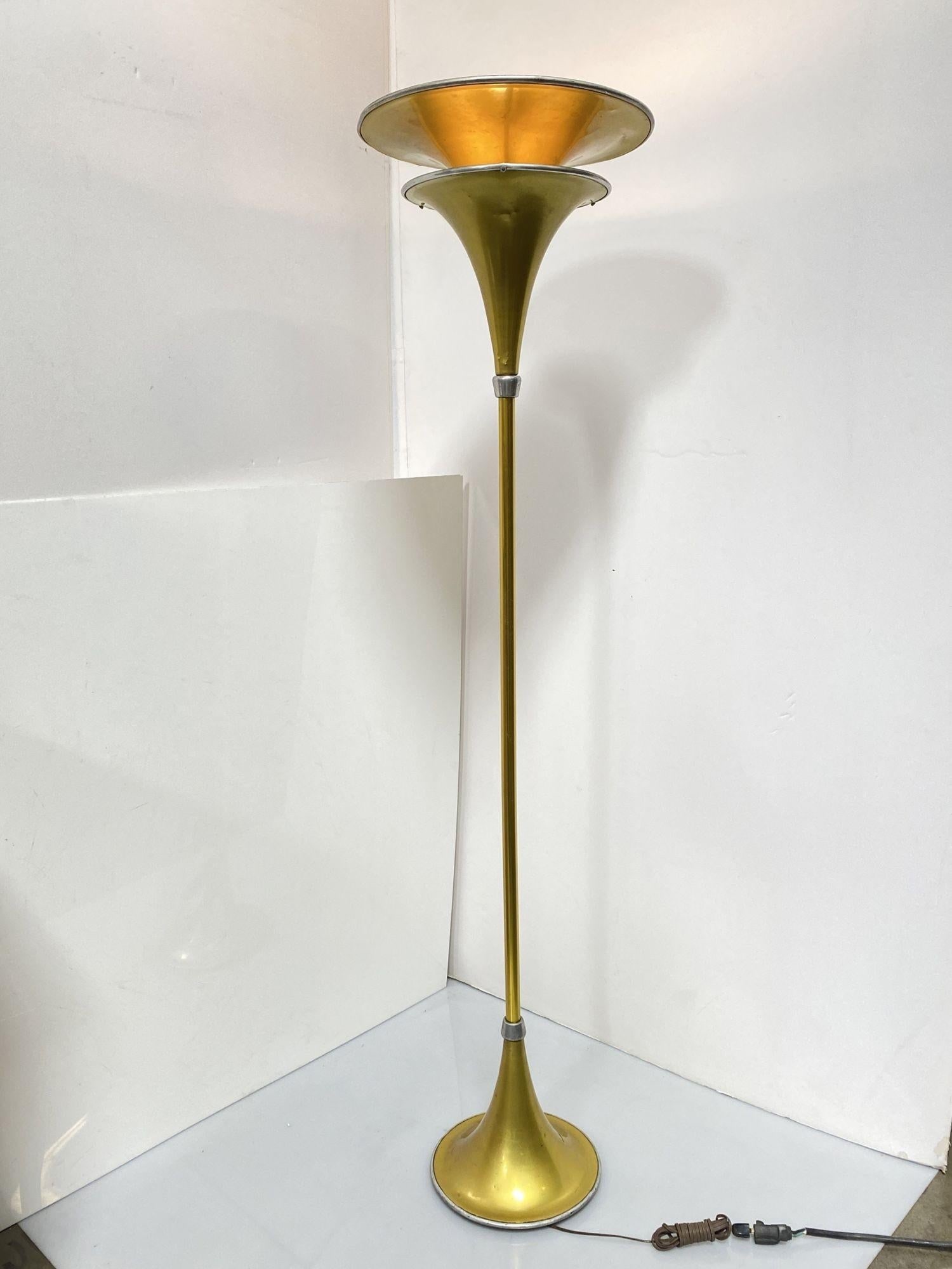 Art Deco Anodized Gold-Tone Spun Aluminum Torchiere Floor Lamp - 3