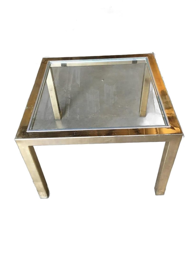 Milo Baughman Style Brass Glass Top Side Table - 16