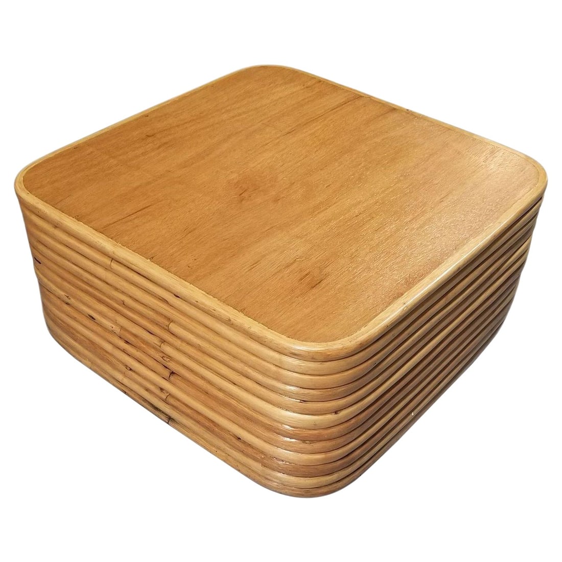 Restored Rattan Solid Stacked Coffee Table: Title: Restored Rattan Solid Stacked Coffee Table Description: Vintage Mid-Century rattan solid stacked coffee table with matching wood top. Sides solid rattan strands with hollow bottom for move abil