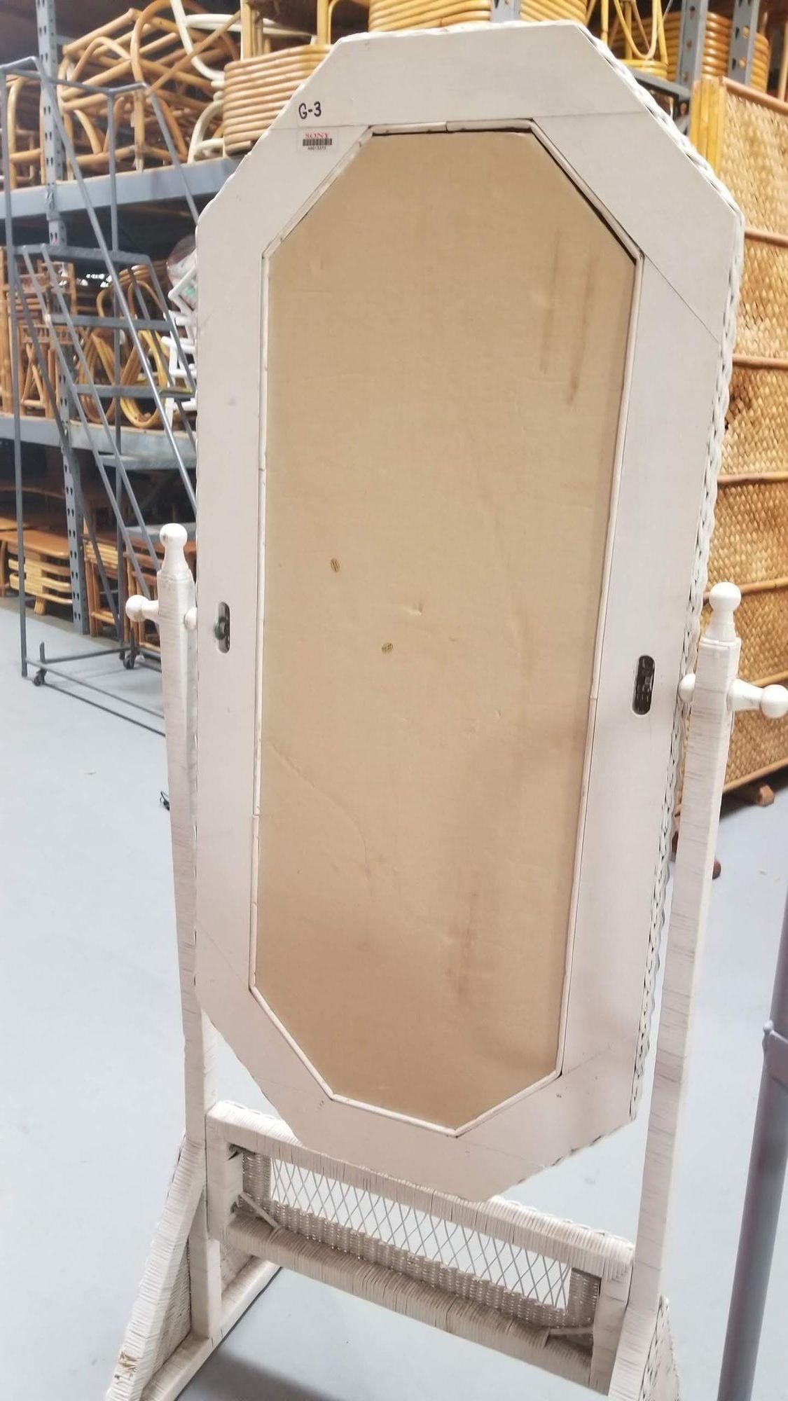 Restored White Rattan Wicker Full Length Cheval Mirror - 11