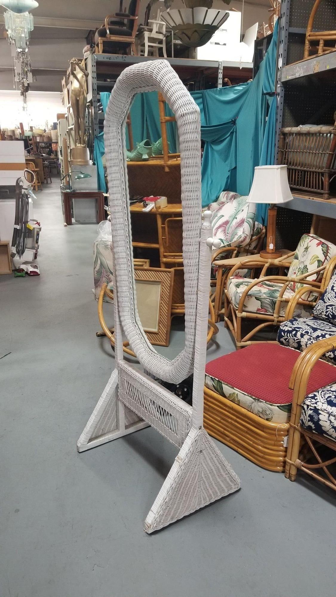 Restored White Rattan Wicker Full Length Cheval Mirror - 2