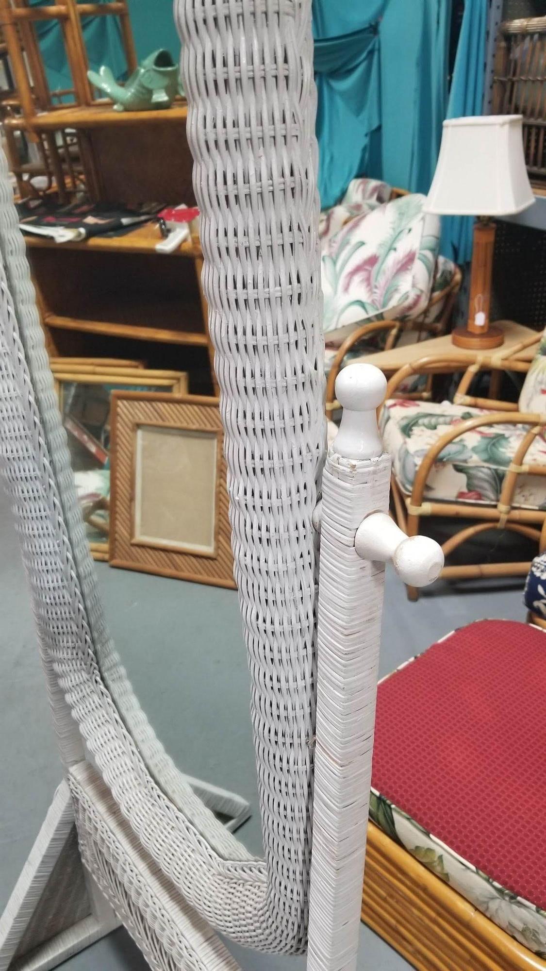 Restored White Rattan Wicker Full Length Cheval Mirror - 4