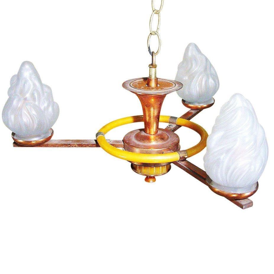 Copper Chandelier with Frosted Torch Glass by Chase - 3