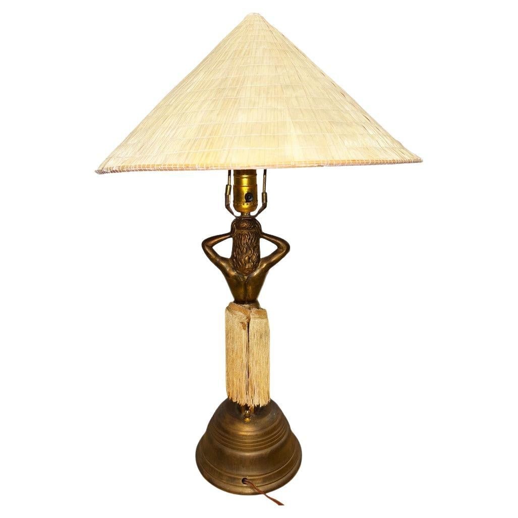 Mid-Century Hawaiian Hula Girl Copper Table Lamp by Dodge w/ Wicker Shade - 19