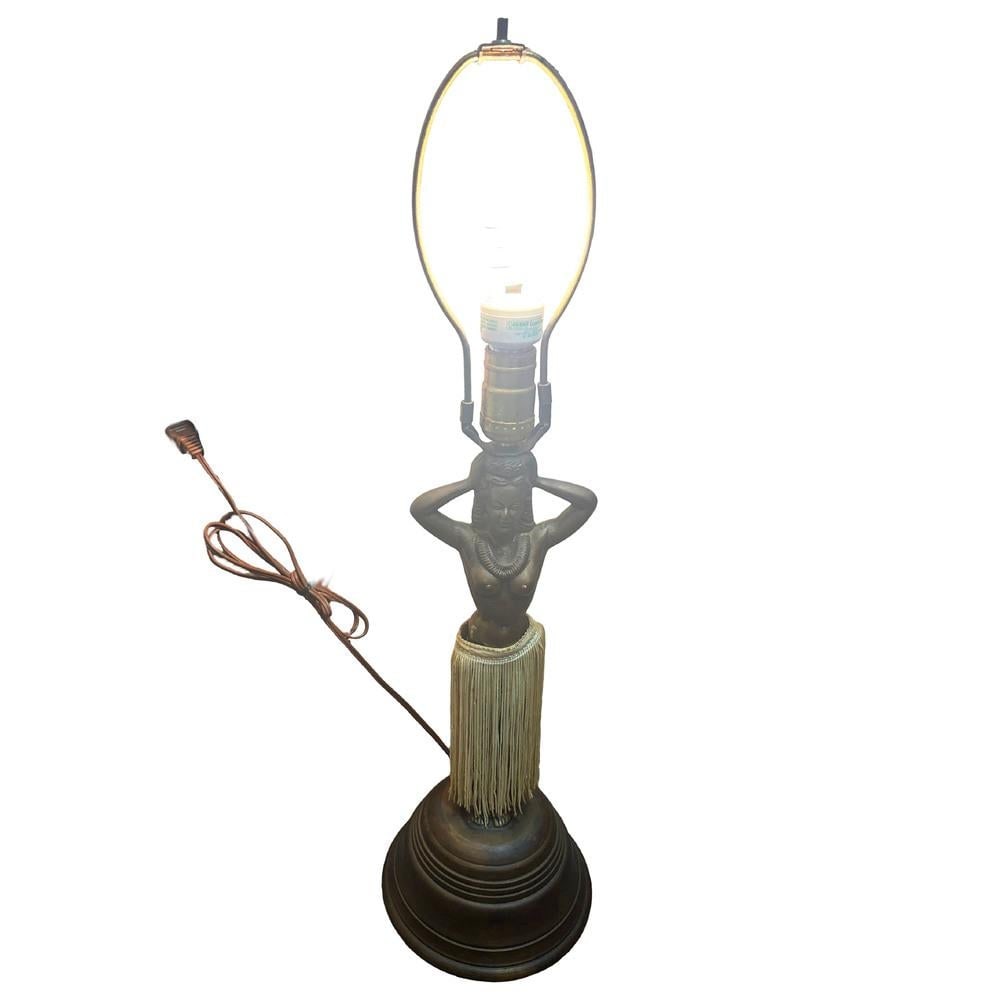 Mid-Century Hawaiian Hula Girl Copper Table Lamp by Dodge w/ Wicker Shade - 6