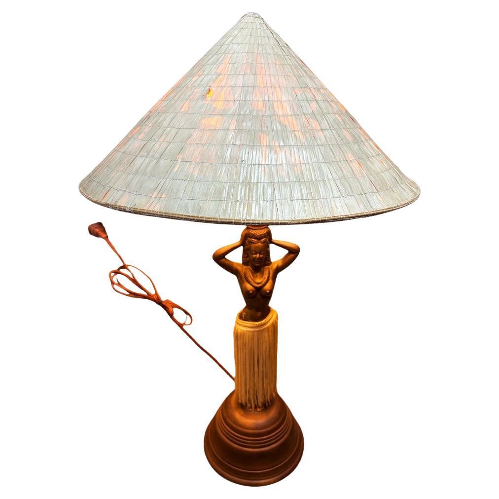 Mid-Century Hawaiian Hula Girl Copper Table Lamp by Dodge w/ Wicker Shade - 7