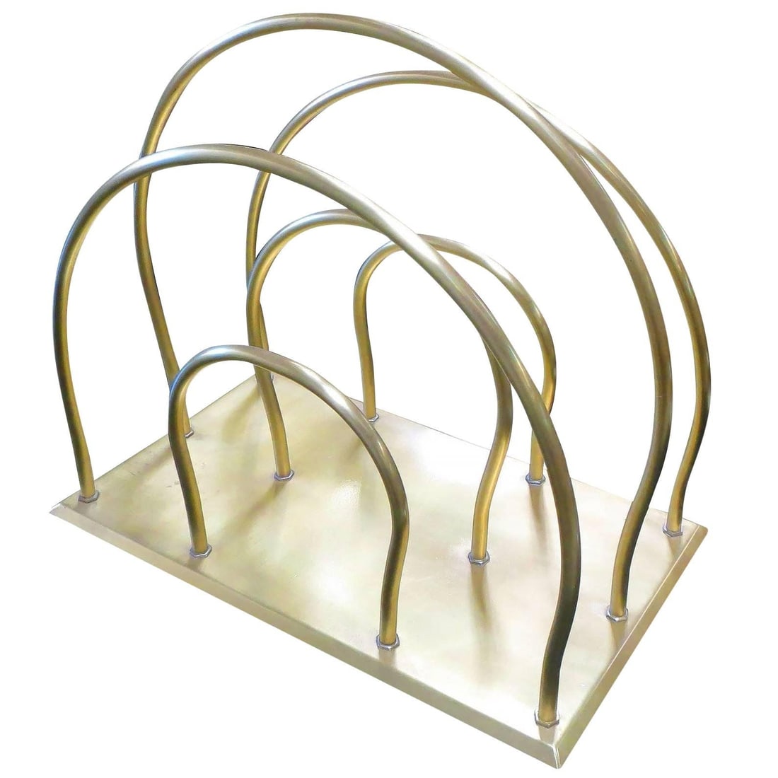 Art Deco Moderne Magazine Solid Brass Rack: Title: Art Deco Moderne Magazine Solid Brass Rack Description: Solid brass Art Moderne magazine rack featuring Streamline style with a square base and three dividers made of six tubular "U" shapes for