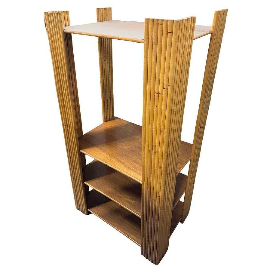 Restored Vertically Stacked Rattan 4-tier Rattan & Mahogany Etager Display Shelf - 3