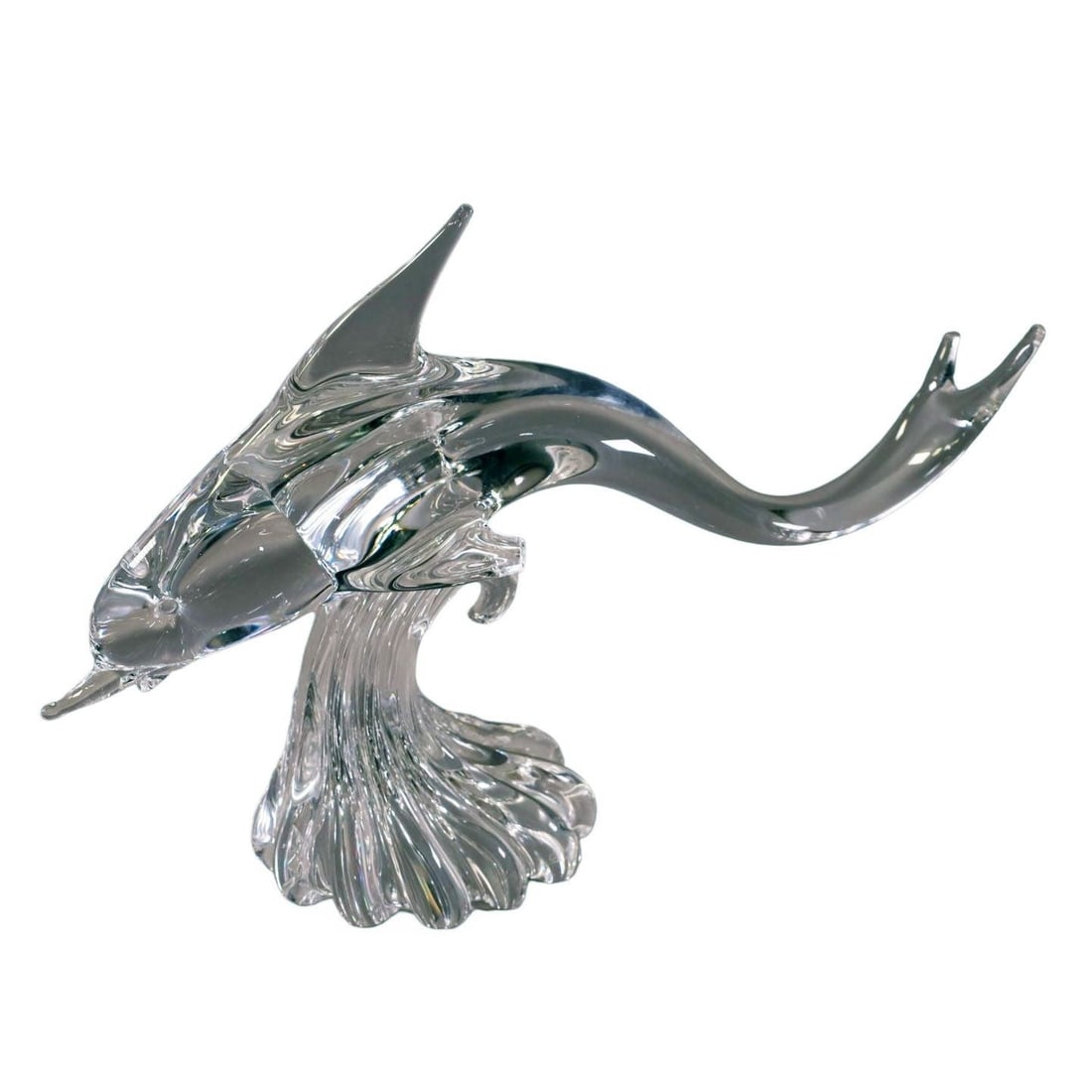 Large Hand-Blown Murano Crystal Leaded Glass Dolphin Sculpture Archimede Seguso: Title: Large Hand-Blown Murano Crystal Leaded Glass Dolphin Sculpture Archimede Seguso Description: Large hand-blown Murano handblown art glass dolphin sculpture by Archimede Seguso featuring a styliz