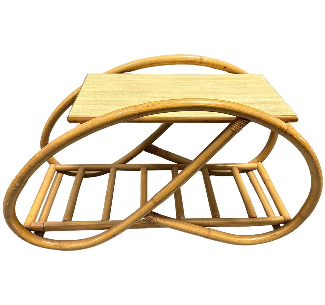 Restored 3/4 Pretzel "Grasshopper" Rattan Side Table w/ Formica Tops Set of 2 - 8