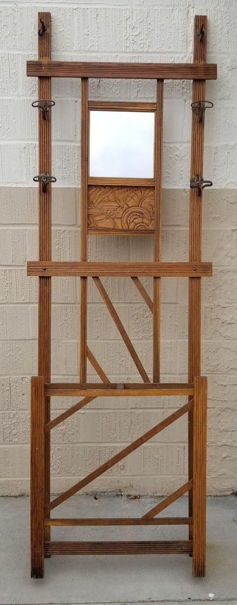 Art Deco Carved Rack Hall Tree with Mirror - 4