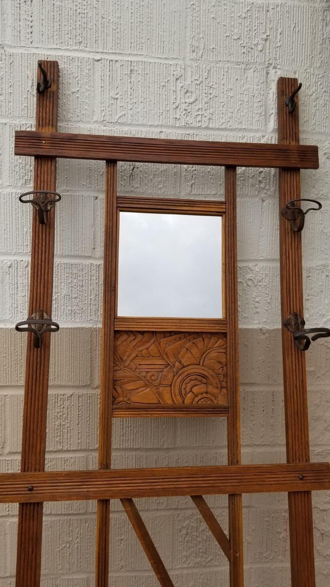 Art Deco Carved Rack Hall Tree with Mirror - 5