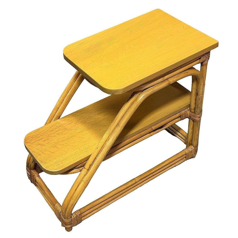 Restored Mid-Century Double-Strand Arched 2-Tiered Rattan & Oak Side Table, Pair - 10