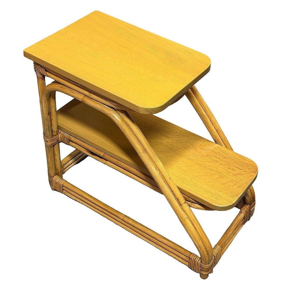 Restored Mid-Century Double-Strand Arched 2-Tiered Rattan & Oak Side Table, Pair - 2