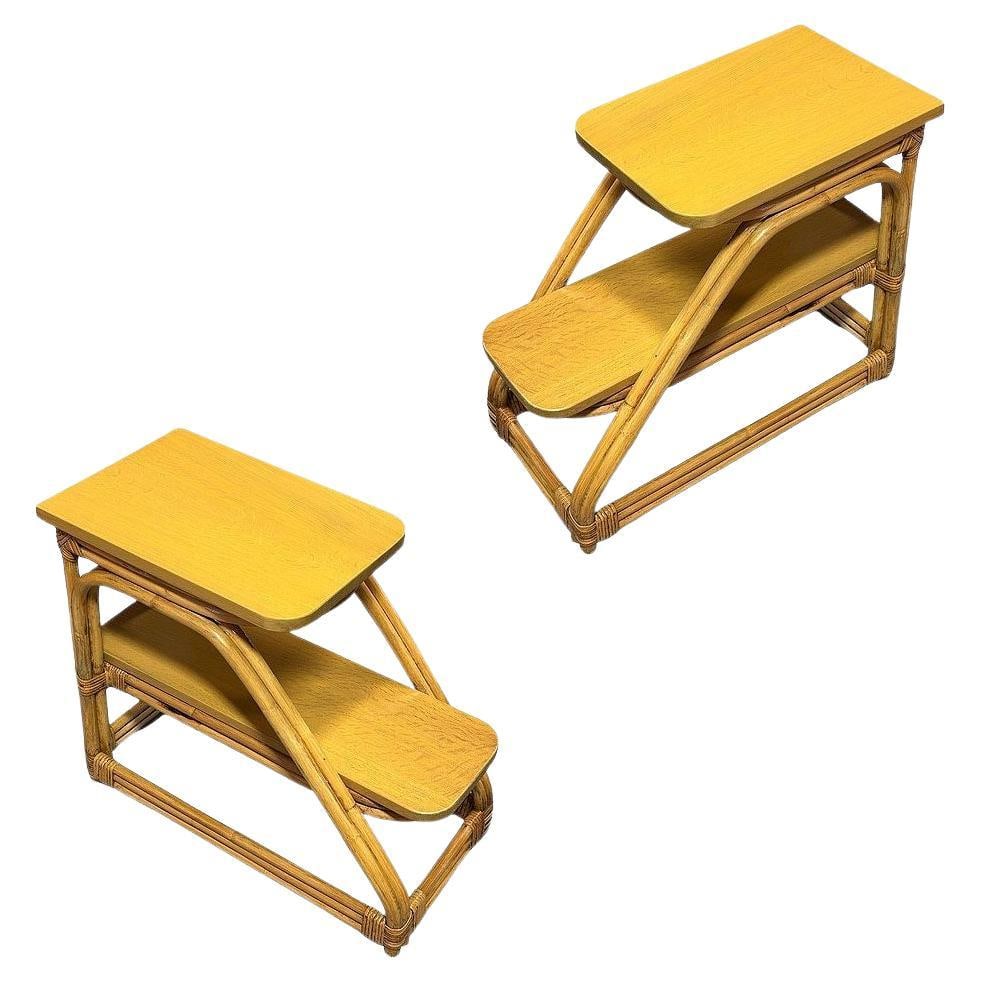 Restored Mid-Century Double-Strand Arched 2-Tiered Rattan & Oak Side Table, Pair - 7