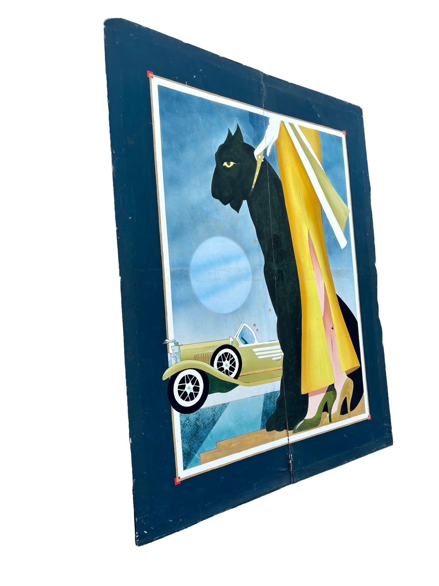 12' Foot Hand Painted Art Deco Damsel & Panther Oil on Canvas Screen - 4