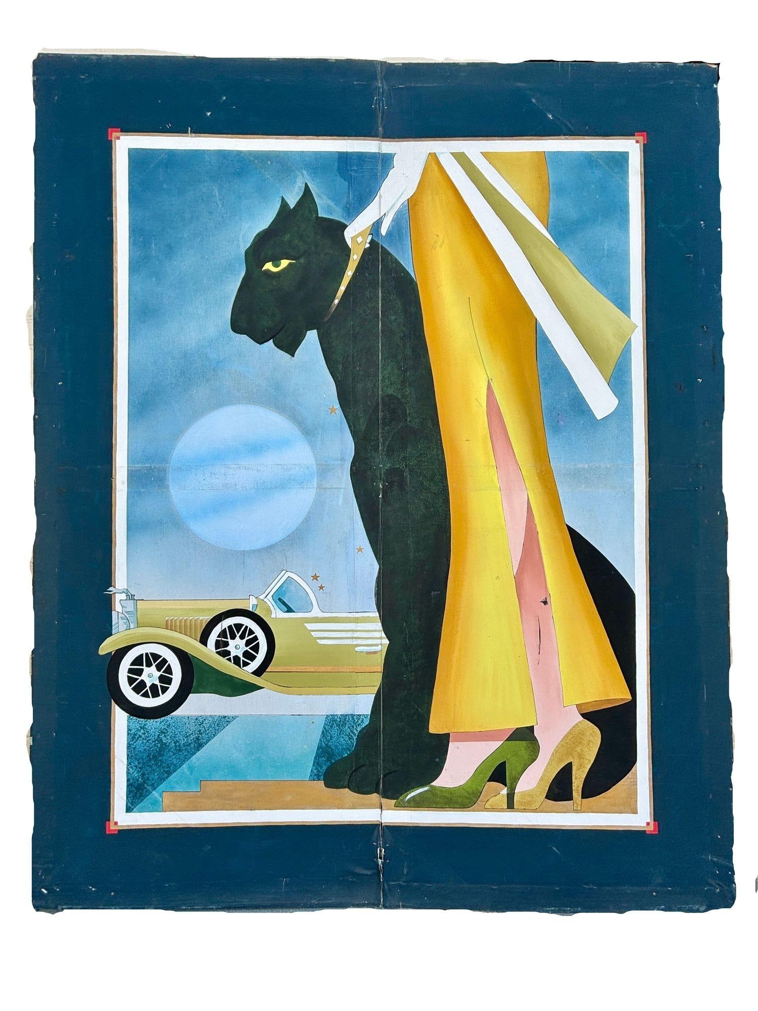 12' Foot Hand Painted Art Deco Damsel & Panther Oil on Canvas Screen - 5