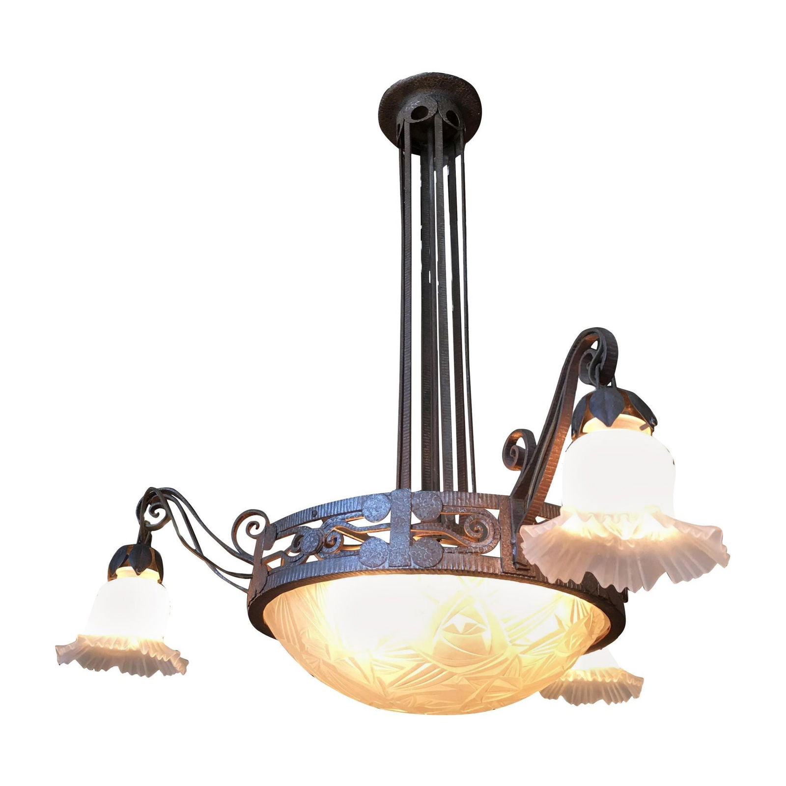 Hand Forged Mission Style Chandelier With Cut Glass Shades: Title: Hand Forged Mission Style Chandelier With Cut Glass Shades Description: Hand-forged Mission style chandelier with 3 arms extending outward each holding a light and center dome light. Dimensions